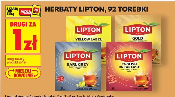 Herbaty Yellow Label 92 t. DRUGA ZA 1 ZŁ promocja w Biedronka