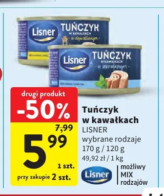 Tuńczyk w kawałkach w oleju roślinnym Lisner promocja w Intermarche