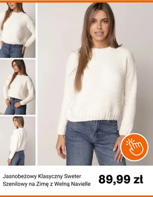 Jasnobeżowy klasyczny sweter szenilowy na zimę z wełną Navielle promocja w Born2be