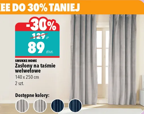 Zasłony na taśmie welwetowe 140x250 cm 2 szt. Smukke Home promocja w Biedronka Home