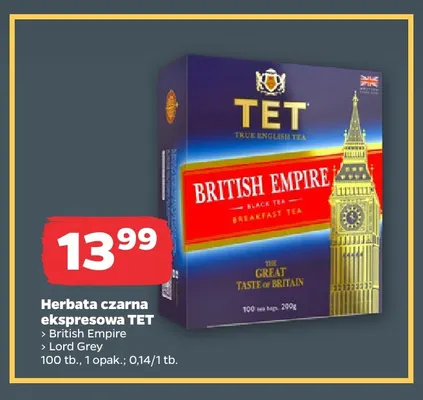 Herbata czarna ekspresowa TET British Empire promocja w Netto