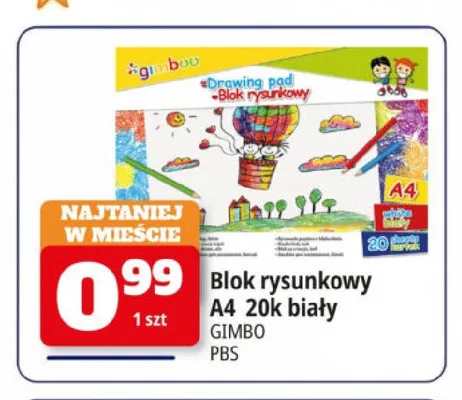 Blok rysunkowy A4 Gimbo 20k biały promocja w Leclerc