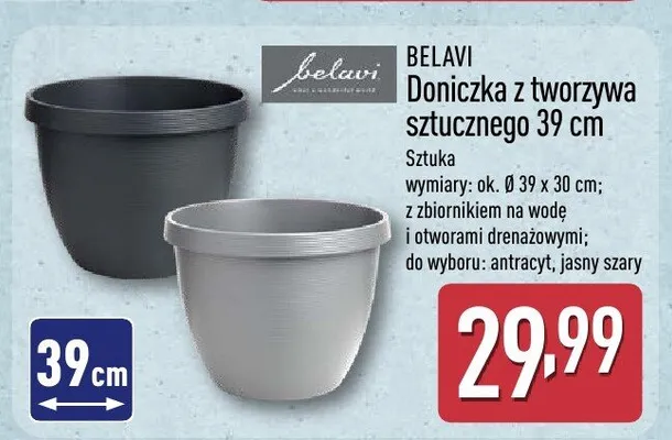 Doniczka z tworzywa sztucznego BELAVI 39cm jasny szary promocja w Aldi