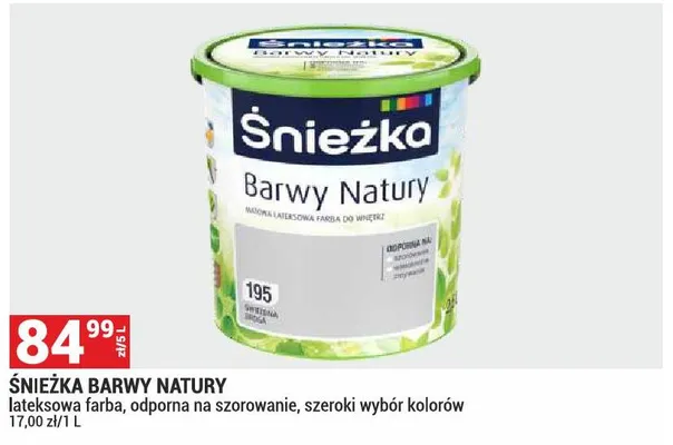 Śnieżka Barwy Natury lateksowa farba odporna na szorowanie szeroki wybór kolorów promocja w Merkury Market