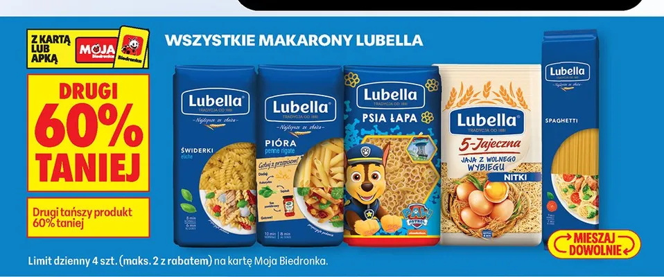 Wszystkie makarony Lubella DRUGI -60% promocja w Biedronka