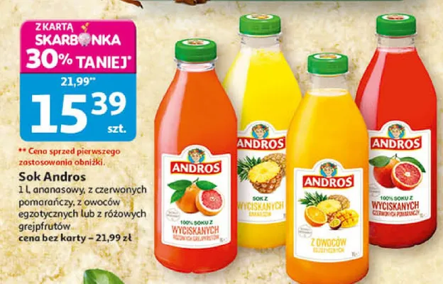 Sok Andros 1l ananasowy z czerwonych pomarańczy z owoców egzotycznych lub z wysokiej zawartości grejpfrutów promocja w Auchan