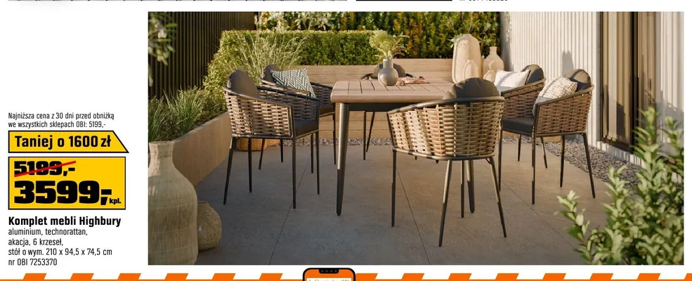 Komplet mebli Highbury aluminium, technorattan, akacja, 6 krzeseł, stół o wym. 210x94,5x74,5cm promocja w OBI