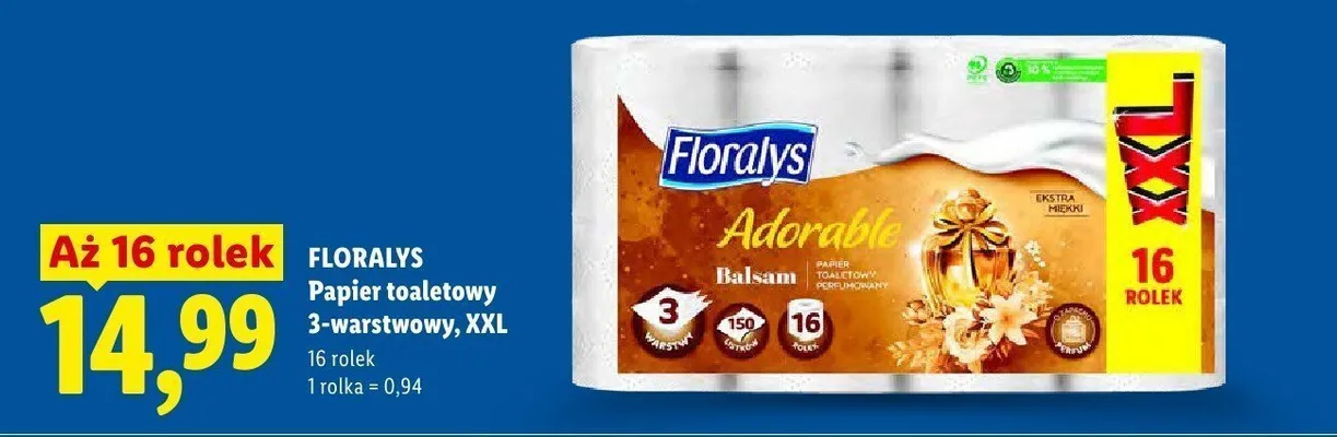 Papier toaletowy Floralys Adorable Balsam 3-warstwowy XXL 16-pak promocja w Lidl
