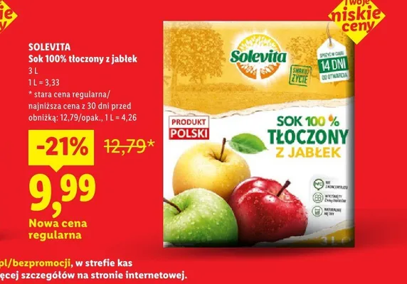 Sok 100% tłoczony z jabłek Solevita promocja w Lidl