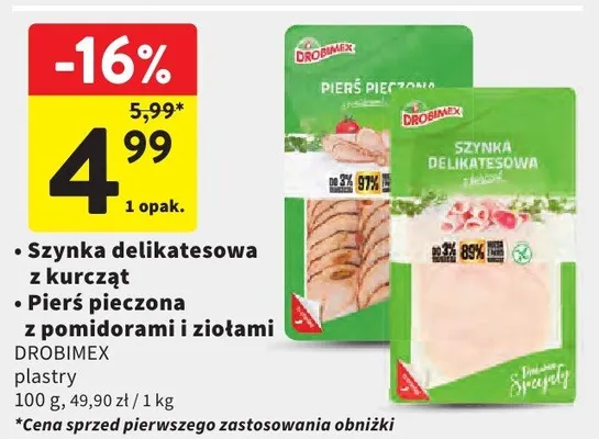 Szynka delikatesowa z kurcząt Drobimex plastry promocja w Intermarche