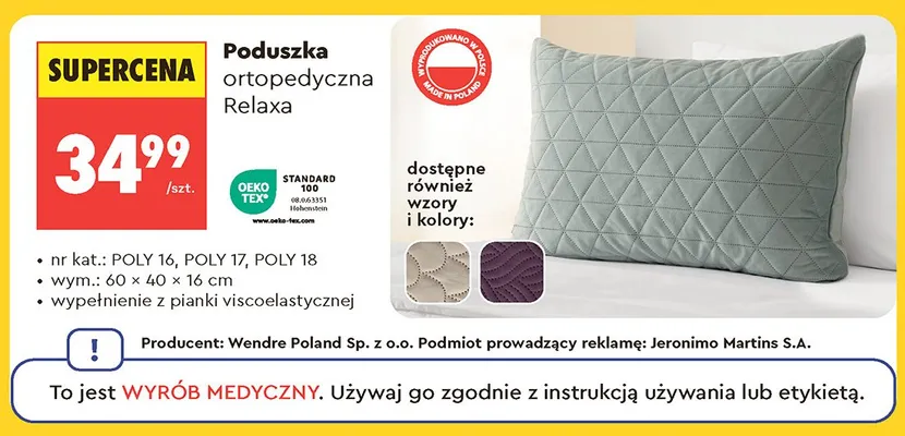 Poduszka ortopedyczna Relaxa 60x40x16cm promocja w Biedronka