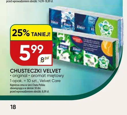 Chusteczki higieniczne Velvet Aromat Miętowy promocja w Chata Polska