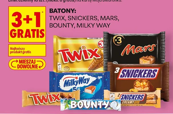 Batony: Twix, Snickers, Mars, Bounty, Milky Way 3+1 GRATIS promocja w Biedronka