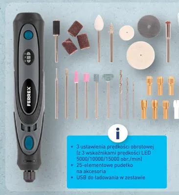 Multiszlifierka precyzyjna z akcesoriami 4 V 3 ustawienia prędkości obrotowej (z 3 wskaźnikami prędkości LED 5000/10000/15000 obr./min), 25-elementowe pudełko na akcesoria, USB do ładowania w zestawie promocja w Aldi