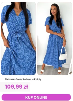 Sukienka damska ModnaKiecka.pl niebieska maxi w kwiaty promocja w Modna Kiecka