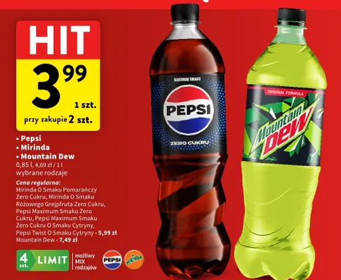 Napój Pepsi, Mirinda, Mountain Dew wybrane rodzaje promocja w Intermarche