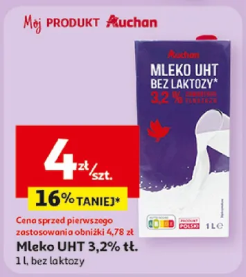 Mleko UHT 3,2% tłuszczu bez laktozy Auchan promocja w Auchan