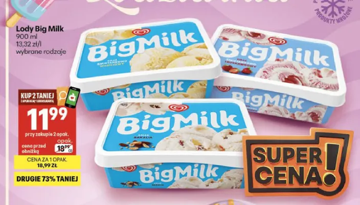 Lody bakaliowe Big Milk promocja w Delikatesy Centrum