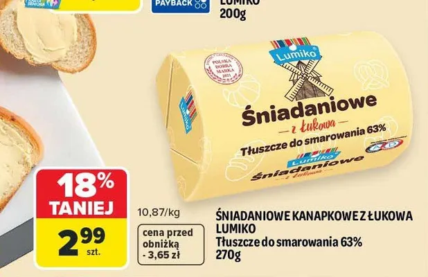 Śniadaniowe kanapkowe z łukową Łumiko tłuszcze do smarowania 63% promocja w Carrefour