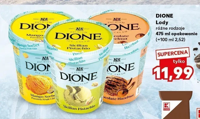 Lody Dione Mango Sorbet Passion Fruit Chia promocja w Kaufland