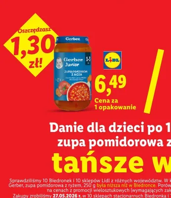 Danie dla dzieci po 12 m-cu Gerber zupa pomidorowa z ryżem promocja w Lidl