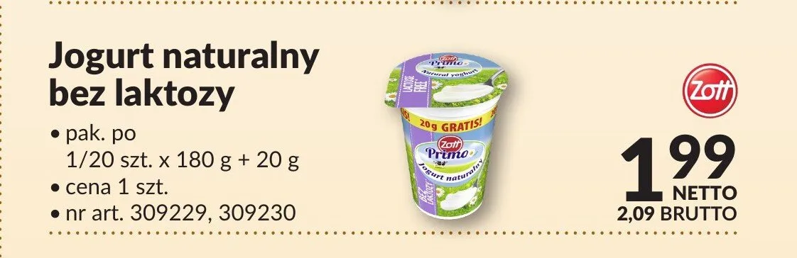 Jogurt naturalny bez laktozy Zott Primo promocja w Makro