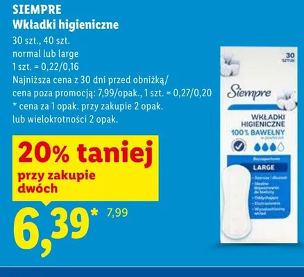Wkładki higieniczne SIEMPRE promocja w Lidl