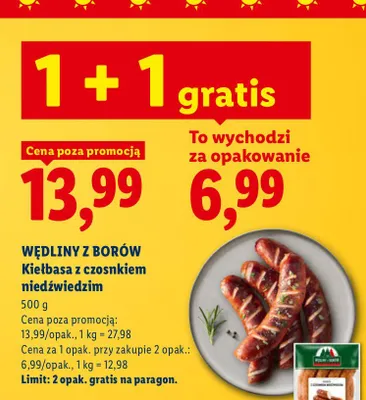 Kiełbasa z czosnkiem niedźwiedzim Wędliny z Borów promocja w Lidl