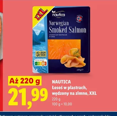 Łosoś w plastrach wędzony na zimno XXL Nautica promocja w Lidl