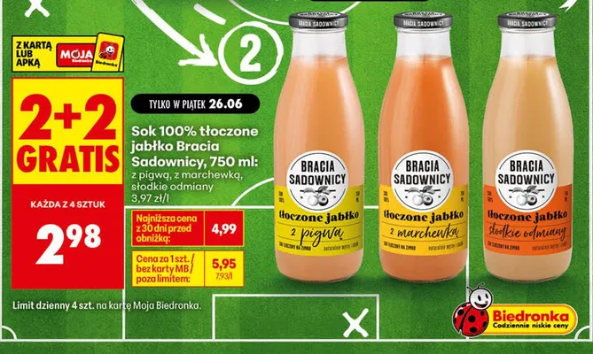 Sok 100% tłoczony jabłko z marchewką Bracia Sadownicy promocja w Biedronka