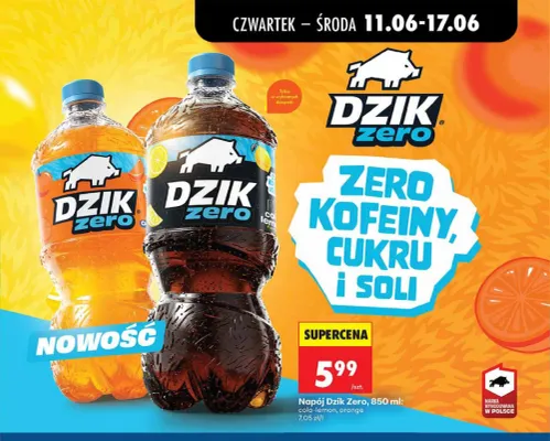 Napój gazowany Dzik Zero orange promocja w Biedronka