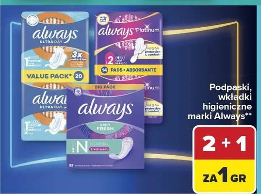Podpaski, wkładki higieniczne marki Always promocja w Carrefour Market