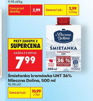 Śmietanka kremówka UHT 36% Mleczna Dolina promocja w Biedronka