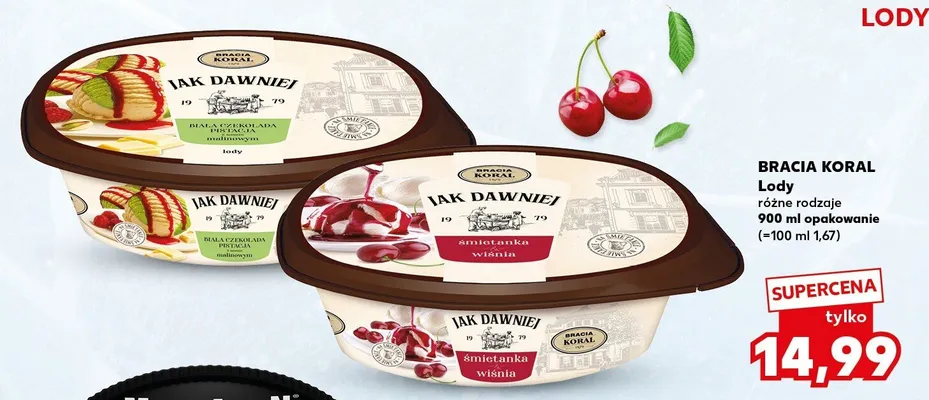 Lody biała czekolada pistacja z sosem malinowym Bracia Koral Jak Dawniej promocja w Kaufland