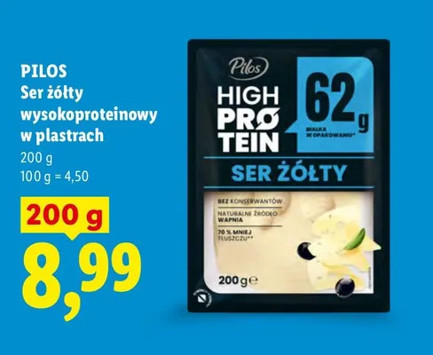 Ser żółty wysokoproteinowy w plastrach Pilos promocja w Lidl