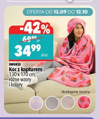 Koc z kapturem Smukee 130x170 cm promocja w Biedronka