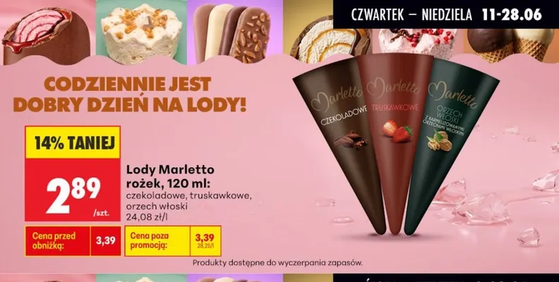 Lody rożek Marletto truskawkowe promocja w Biedronka