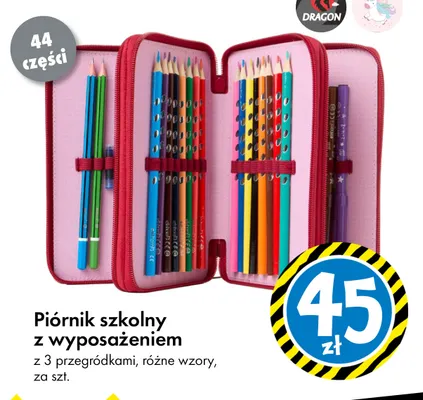 Piórnik szkolny z wyposażeniem 44 części promocja w Tedi