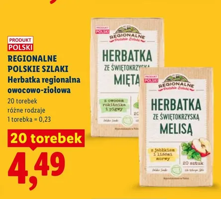 Herbatka regionalna owocowo-ziołowa ze świętokrzyską miętą z owocem rokitnika i pigwy Regionalne Polskie Szlaki promocja w Lidl