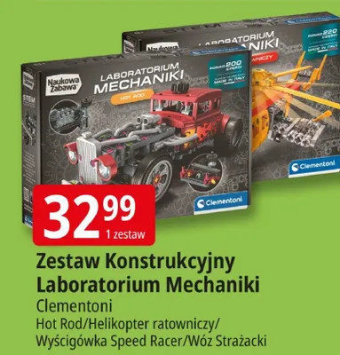 Zestaw konstrukcyjny Laboratorium Mechaniki Clementoni Hot Rod/Helicopter ratowniczy/Wyścigówka Speed Racer/Wóz Strażacki promocja w Leclerc
