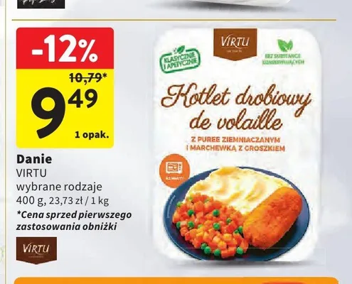 Kotlet drobiowy de volaille z puree ziemniaczanym i marchewką z groszkiem Virtu promocja w Intermarche