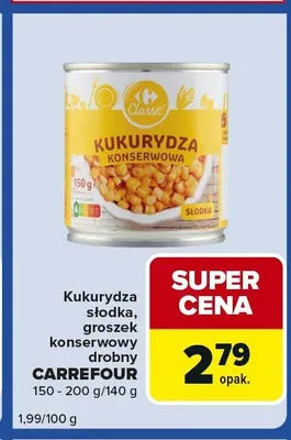 Kukurydza słodka, groszek konserwowy drobny promocja w Carrefour Express