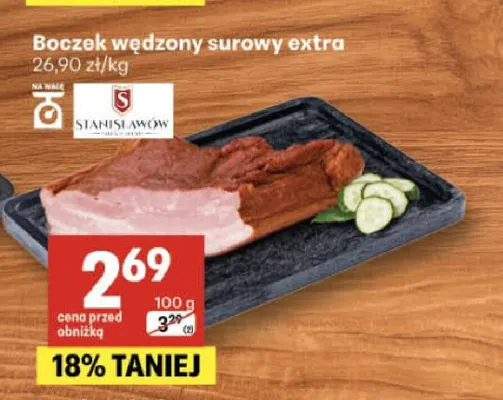 Boczek wędzony surowy extra Stanisławów promocja w Delikatesy Centrum