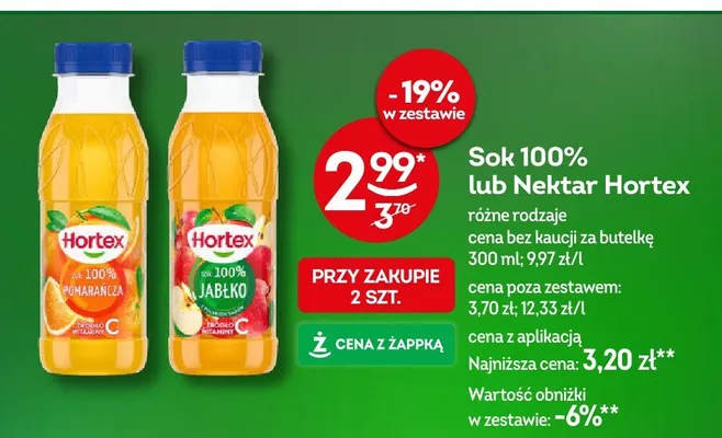 Sok 100% lub nektar Hortex różne rodzaje 300ml promocja w Żabka