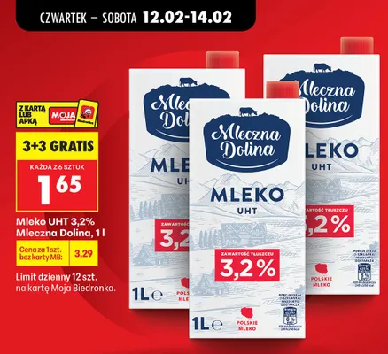 Mleko UHT 3,2% 3+3 GRATIS promocja w Biedronka