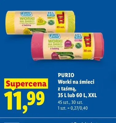Worki na śmieci z taśmą Purio XXL 60l promocja w Lidl