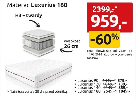 Materac Luxurius 140 H3 twardy promocja w Black Red White