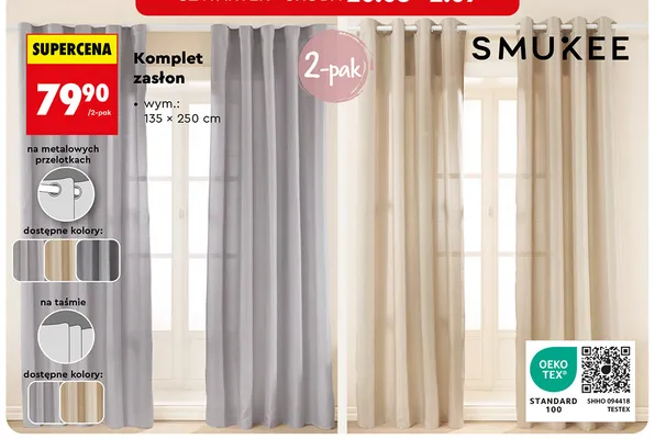 Komplet zasłon na taśmie Smukee 2-pak promocja w Biedronka