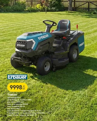 Traktor Erbauer silnik Briggs & Stratton 31R5 poj. silnika 500cm3 moc znamionowa 10kW szer. koszenia 98cm poj. kosza 240l wys. koszenia 7 stopni regulacji 3-9cm 5-biegowa skrzynia ręczna i bieg wsteczny maks. obszar roboczy do 4500m2 promocja w Castorama