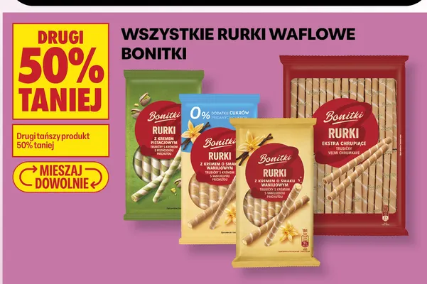 Rurki waflowe bez dodatku cukru Bonitki z kremem o smaku waniliowym promocja w Biedronka